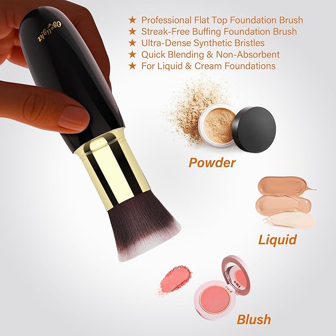 Professional Flat Top Foundation Brush - Streak-Free Buffing Brush for Liquid & Cream, Ultra-Dense Synthetic Bristles, Quick Blending Non-Absorbent Makeup Tool