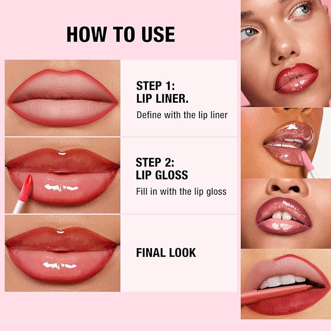 Red Lip Liner Lip Gloss Set, Lip kit with Lip Oil Lip Liner, Plumping Lipgloss lip Pencil Waterproof Long Lasting Smudgeproof (10# red)