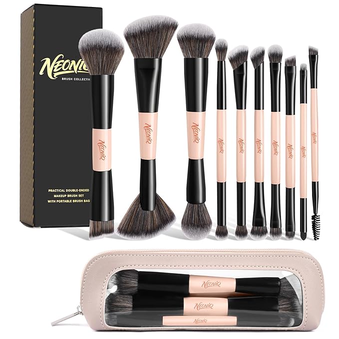 NEONIQ 10 PCS Foundation Contour Conceal Brush Set With Bag, Makeup Brushes, Double-End Multi-functional Brushes for Foundation Powder Blush Eyeliner Eyeshadows, Professional Face Brush Set（Pink）