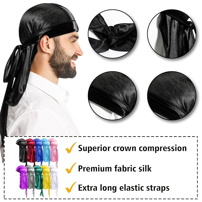Silky Durags for Men Wave Pomade Strong Hold Easy Wash 360 Wave Training Hair Cream, Wave Butter Waves Grease for Men Promotes Layered Waves Silky Satin Durag Extra Long Tails Wave Brush Wave Cap Set