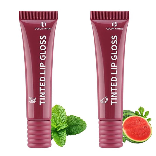 Color Nymph Tinted Lip Gloss Duo, Nourishing Lip Balm Set with Shea Butter & Vitamin E, Non-Sticky Intense Hydrating Lipgloss for Dry Lips, Sheer Tint | Vegan & Cruelty-free, #02 Watermelon & Mint