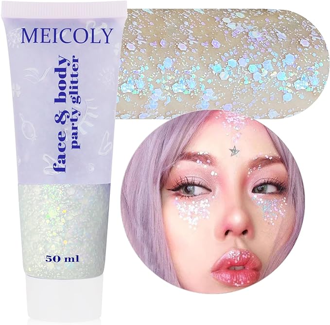 MEICOLY Chameleon Iridescent White Body Glitter,Holographic Face Glitter Paint Ice Themed Aerial Performance,Self-Adhesive Color Changing Mermaid Face Glitter,Opal Glitter for Hair,Festival Party