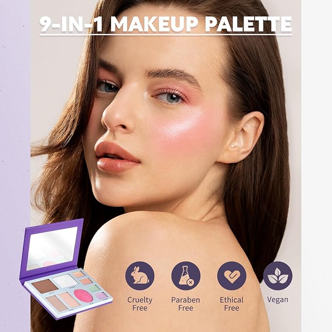 Color Nymph All In One Makeup Palette, 9 Colors Travel Make Up Set with Contour Blush Highlighter Concealer, Multi-Use Face Palettes with Mirror, Vegan & Cruelty-Free