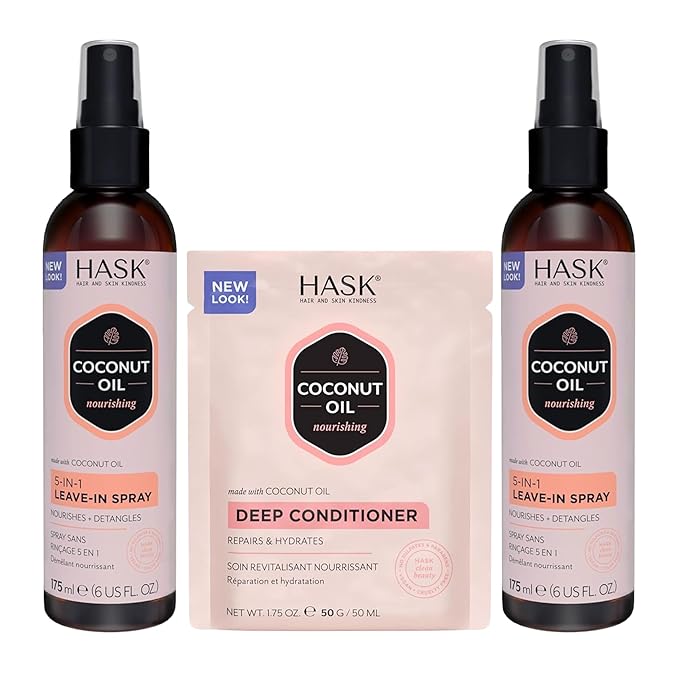 HASK 5-in-1 Coconut Leave-In Conditioner Duo (6oz-Qty 2) & Deep Conditioner Packette, Color Safe, Sulfate-Free, Paraben-Free, Gluten-Free, for All Hair Types