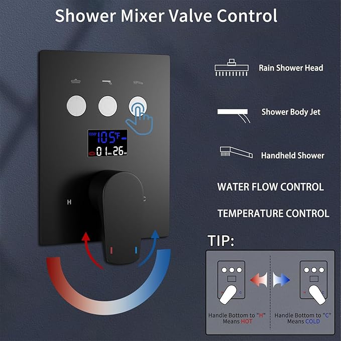 WHSHOWER Digital Display Shower Faucet Set With 14x20 Inch LED Rainfall Shower Head,Brass Handheld Sprayer And 6pcs Body Jets,Full Body Shower System (Matte Black)