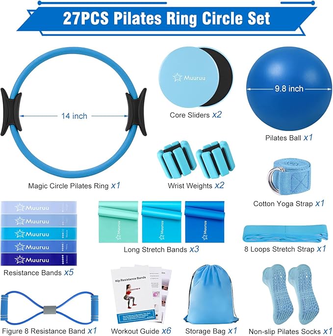 Pilates Ring Set, Pilates Essentials Kit for Home Workouts Women, Yoga Equipment Set with 14 Inch Magic Circle, 9.8” Ball, 5 Resistance Bands, 3 Long Stretch Bands, Core Sliders, Non-slip Socks