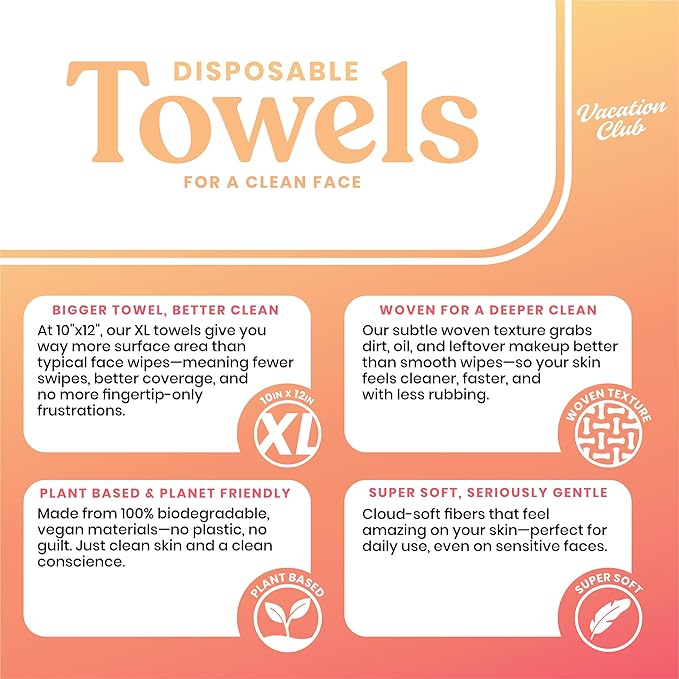 Vacation Club XL Biodegradable Face Towels (50 Count) – Plant-Based Disposable Facial Wipes for Cleansing, Makeup Removal & Skincare – Textured, Soft & Eco-Friendly