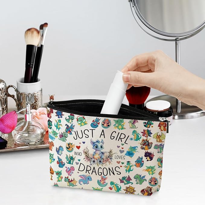 A Girl Loves Dragons Dragon Gifts Dragon Stuff Dragons Decor Cosmetic Bag Anniversary Graduation Christmas Birthday Makeup Bag Funny Friendship Gifts for Women Animal Lovers Sister Bestie Best Friend