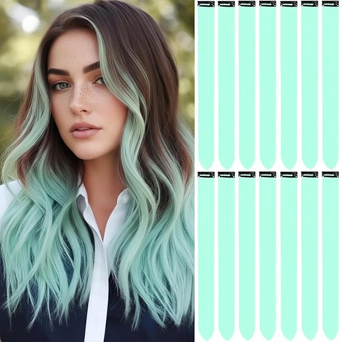 Colored Hair Extensions 14 PCS, 22 In Mint Green Clip in Hair Extensions St Patricks Day Party Highlights, Light Teal Synthetic Hairpieces for Girls Women Kids Cosplay Gift(Light Green)