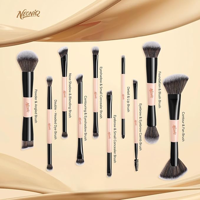 NEONIQ 10 PCS Foundation Contour Conceal Brush Set With Bag, Makeup Brushes, Double-End Multi-functional Brushes for Foundation Powder Blush Eyeliner Eyeshadows, Professional Face Brush Set（Pink）