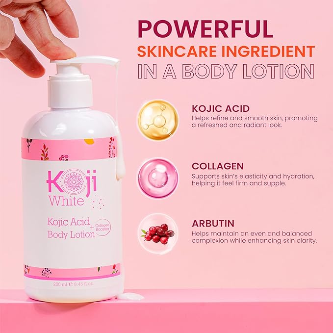 Koji White Kojic Acid & Collagen Body Lotion - Hydrated & Radiant Skin with Arbutin, Deep Moisturizing, Nourishing Care for Smooth & Healthy-Looking Skin – Vegan, 8.45 Fl Oz (1 Bottles)