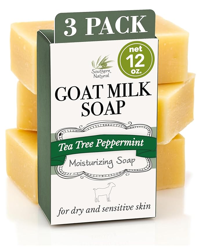 Southern Natural Goat Milk Soap Bar (3 Pack - Tea Tree Peppermint) For Dry, Sensitive Skin. Natural Handmade Soap For Men, Women and Kids. Great For Face & Body.