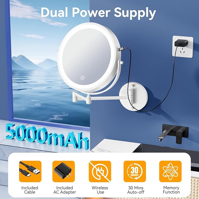 9'' 30X/1X Wall Mounted Lighted Makeup Mirror, 5000mAh Rechargeable Double-Sided Magnifying Mirror with Light, Vanity Mirror Touch Dimmable 3 Colors 360° Rotation Extended Foldable Arm, Power Adapter