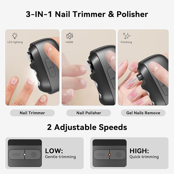 Electric Nail Clipper Fingernail Trimmer: 3-in-1 Automatic Nail Polisher with LED Light, Clip Storage, 2-Speed, Rechargeable Smart Nails Cutter Easy to Use for Seniors, Baby, Adult, Kids, Black
