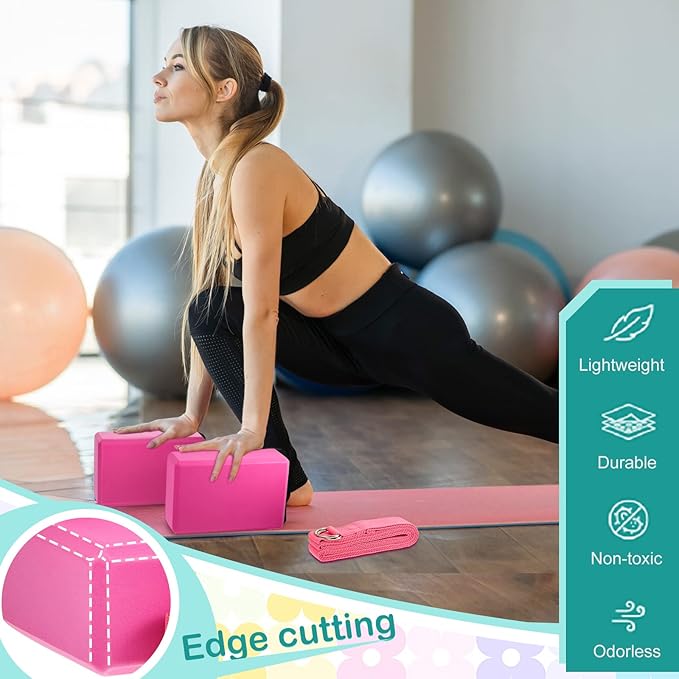 Meooeck 18 Pcs Yoga Block and Strap Set 9 x 6 x 3 Inch EVA Foam Non Slip Brick 8 ft Yoga Straps for Stretching D Ring Design Christmas Fitness Gifts for Women Pilates Workout Exercise