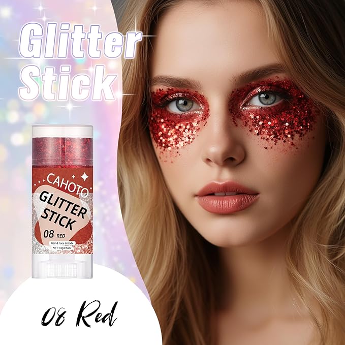 Red Face Body Hair Glitter Stick for Christmas, Shimmer Stick Gel for Women, Sparkling Holographic Chunky Sequins for Carnival Party Festival Halloween Singer Concert Outfit, 0.56oz