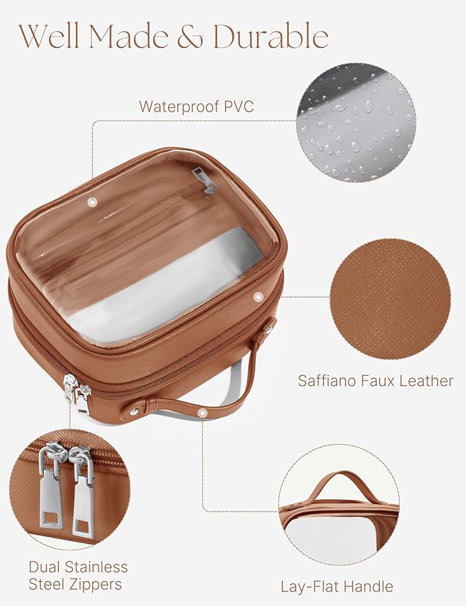 Oaque Clear Cosmetic Bag Double Layer Travel Toiletry Bag Clear Makeup Bag Case with 4 Compartments, Transparent Travel Bag for Toiletries, Large Toiletry Bag for Women Cosmetic Case (Brown, Small)