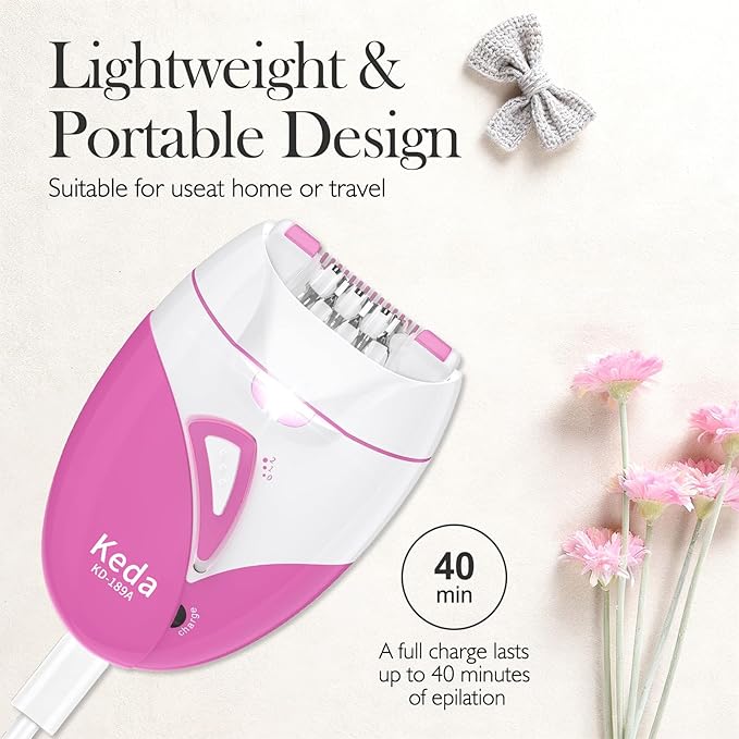 Smooth Glide Epilator for Women, 2 Speeds Painless Hair Removal Device with 36 Tweezers & LED Light, Rechargeable Epilators Hair Removal for Face, Bikini, Arms, Legs, Armpits (Hot Pink)