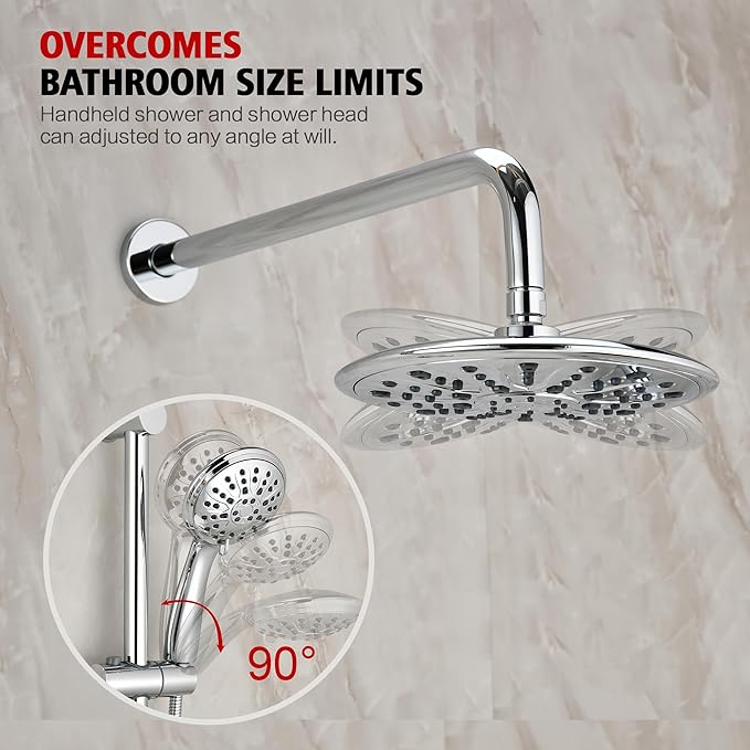 sumerain Modern Bathroom Shower System with High Pressure Rainfall Shower Head, 3-Setting Handheld Shower and Adjustable Slide Bar, Valve Included, Chrome Finish