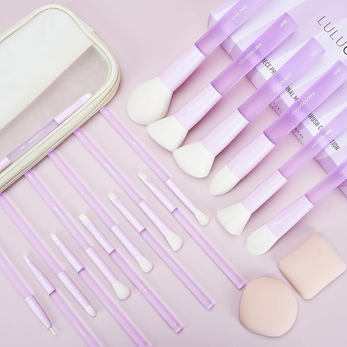 LULUCOLORS 18-Piece Light Purple Professional Makeup Brush Set – Translucent Rubberized Handles, Soft Synthetic Bristles for Face & Eye Makeup–Includes Travel Bag & Sponges, Complete Brush Collection