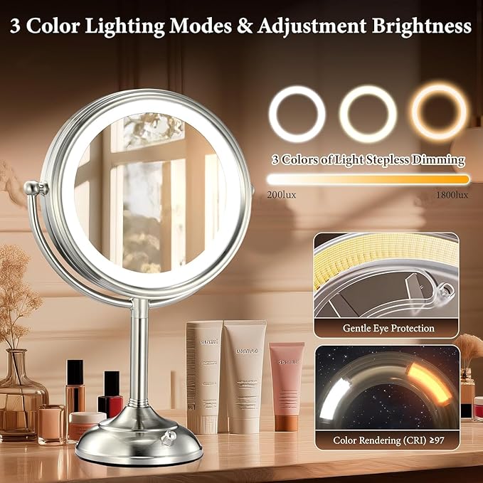 VESAUR 2026 Upgraded 9" Lighted Makeup Mirror, 5000mAh Rechargeable 1X/10X/20X HD Magnifying Mirror with 3 Lights Colors, Brightness Adjustable, 360° Rotation Seamless Vanity Mirror, Nickel, Gift Box