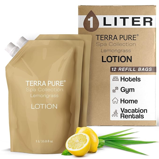 Terra Pure Spa Collection 1 Liter Lotion Refill Bag For Soap Dispensers | Bulk Toiletries for Vacation Rentals, and Home Bathroom Showers | Green Tea Lemongrass | Set of 12
