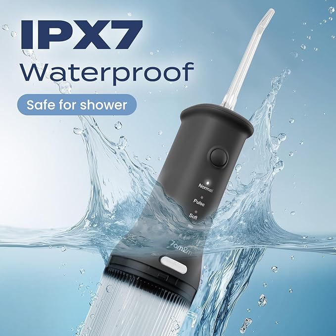 7AM2M Portable Cordless Water Flosser, Oral Irrigator with 3 Modes & 2 Tips, Fast Rechargeable, IPX7 Waterproof, Dental Water Flosser for Travel and Home Use (Black)