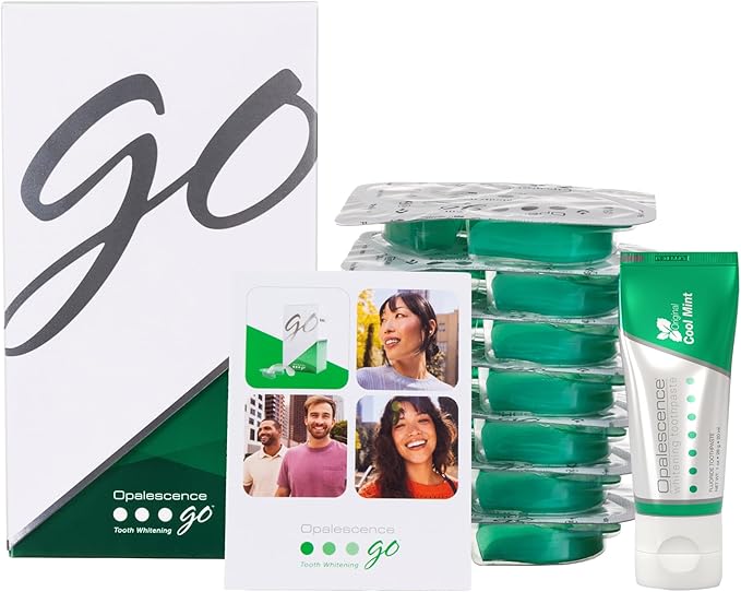 Opalescence GO 15 Whitening Bundle - (7 Treatments) Hydrogen Peroxide Prefilled Teeth Whitening Trays and Travel Original Whitening Toothpaste 1 Oz - Mint Flavor - 6238-1