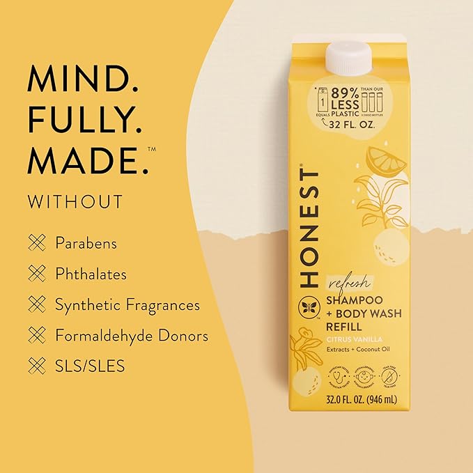The Honest Company 2-in-1 Cleansing Shampoo Body Wash Refill Carton, Gentle for Baby, Naturally Derived, Tear-free, Hypoallergenic, Citrus Vanilla Refresh, 32 fl oz