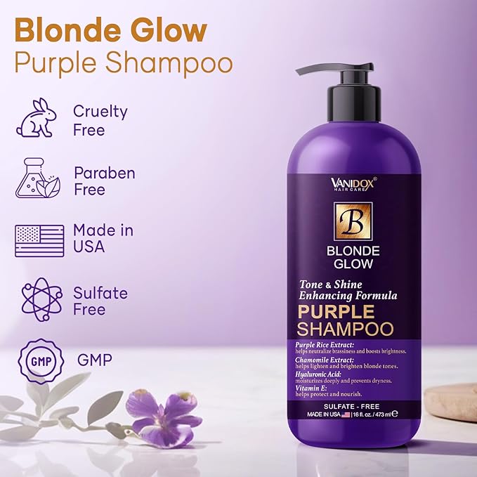 VANIDOX Sulfate Free Brass Toning Purple Shampoo for Blondes, Brown Highlighted, or Bleached Hair, Infused with Purple Rice Extract, Hyaluronic Acid, Vitamin E, and Chamomile Extract (16 fl oz)