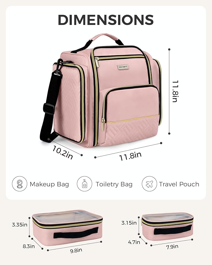 BAFAMYE Large Travel Makeup Bag - Cosmetic Organizer with 4 Removable Inner Pockets, Multi-functional Toiletry Bag for Accessories & Brushes, Women's Beauty Case, Pink