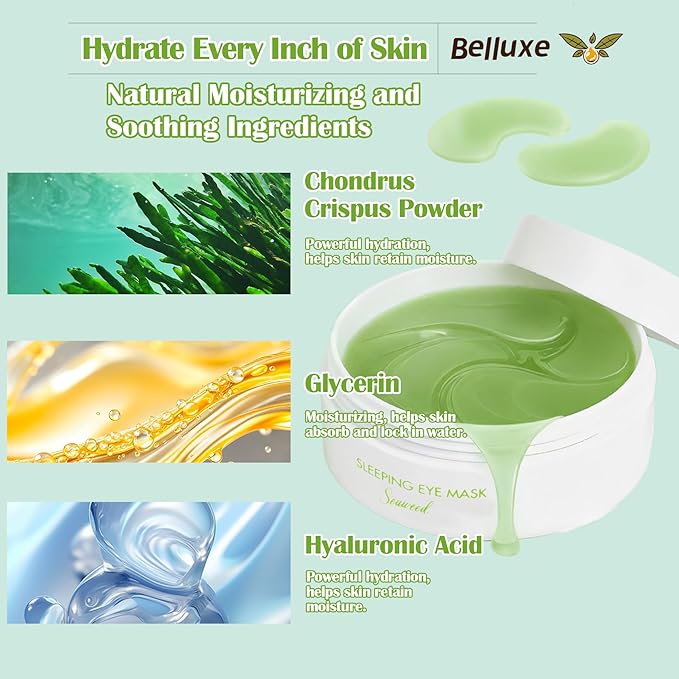 Belluxe 2 Pack Seaweed Eye Mask – 60 Pairs, 120pcs | Hydrating & Soothing Under Eye Patches for Dark Circles & Puffiness, Refreshing Under Eye Mask for Tired Skin