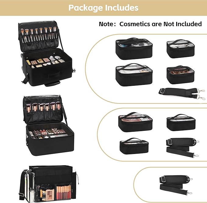 TANTO Rolling Makeup Bag, Cosmetology Case on Wheels Travel Makeup Tote Bag Pro Makeup Artist Bags 3 in 1 Extra Large Cosmetics Organizer Case with 360° Swivel Wheels and Adjustable Dividers