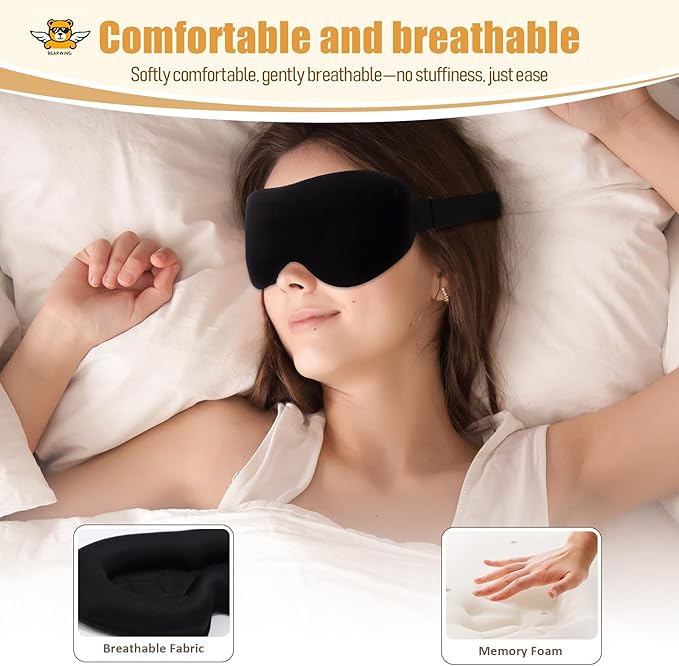 BEARWING 100% Light Blocking Sleep Mask Set, Only 0.73oz Light Comfortable 3D Contoured Memory Foam, Blink Freely Eye Masks for Sleep, Travel, Nap, for Men Women Side Sleeper, Black