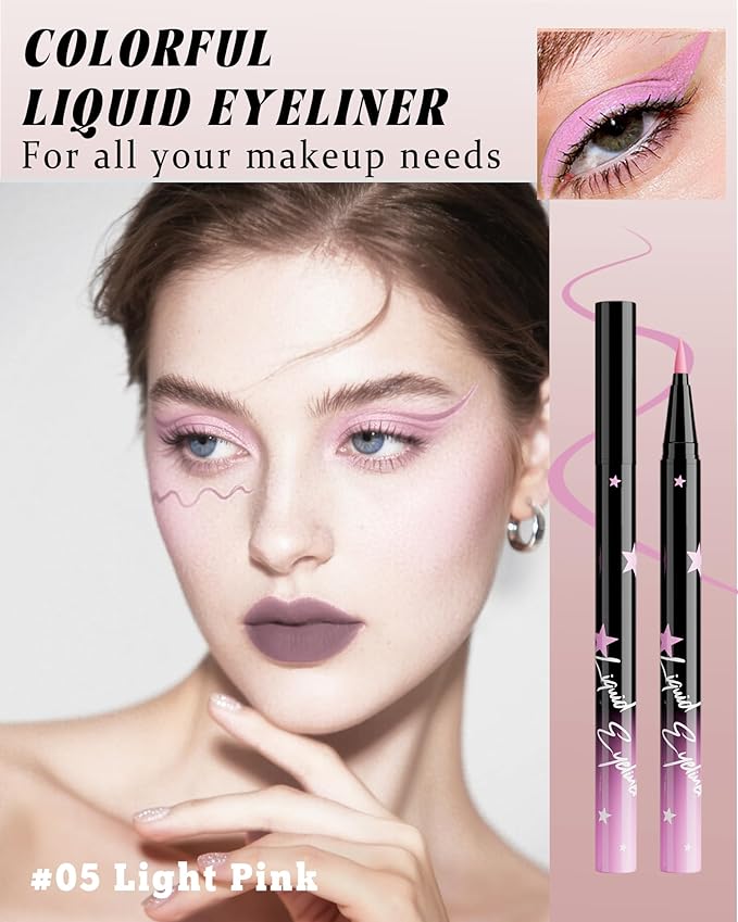 Colored Liquid Eyeliner Pen, Light Pink Waterproof Waterline Matte Eye Liner Pencil, High Pigmented Long Lasting Quick Drying Colorful Eyeliner Pen for Women, Valentine’s Day Eye Makeup Gifts-05