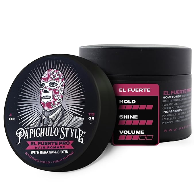 Papichulo Style Deluxe Pomade “El Fuerte Pro” – Strong Hold, High Shine, Adds Volume – Infused with Keratin & Biotin – Water-Based, Flake-Free, Easy Washout, Paraben-Free – Made in USA - 4 oz