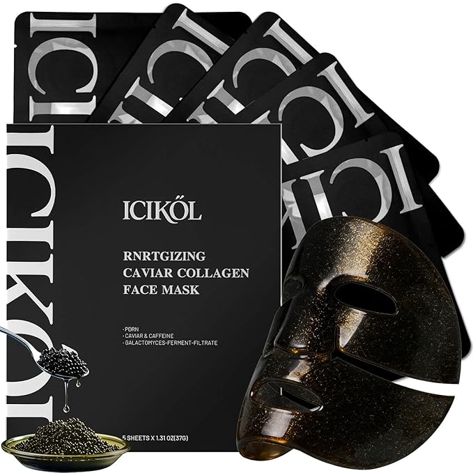 ICIKOL 24K Gold & Caviar Collagen Face Mask, 5 Pack – Luxurious Hydrating Facial Treatment, Firming Appearance – Supports a Radiant, Rejuvenated Look Overnight