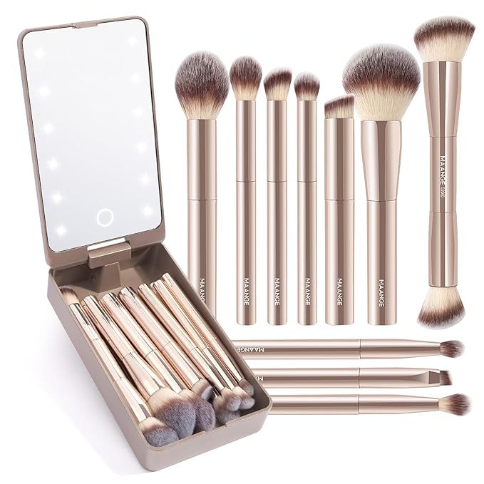 MAANGE Makeup Brush Set 10 Pcs Travel Makeup Brushes Double-ended Kabuki Brush for Foundation Powder Concealers Eye Shadows Makeup Tools Set with LED Light Mirror (Gold)