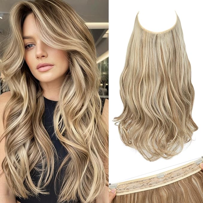 SARLA Invisible Wire Hair Extensions with 3 Clips Short Wavy Curly Synthetic Hairpiece for Women Adjustable Transparent Headband 14 Inch Bahama Beige