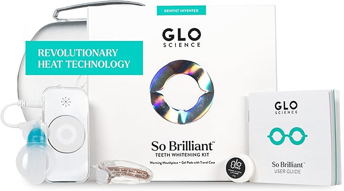 GLO Science So Brilliant Tooth Whitener Set – Unique Heat Technology for Fast, Sensitivity Free Teeth Whitening – Patented Mouthpiece with LED Light, Gel Pods with 6% HP, Lip Balm, & Travel Case