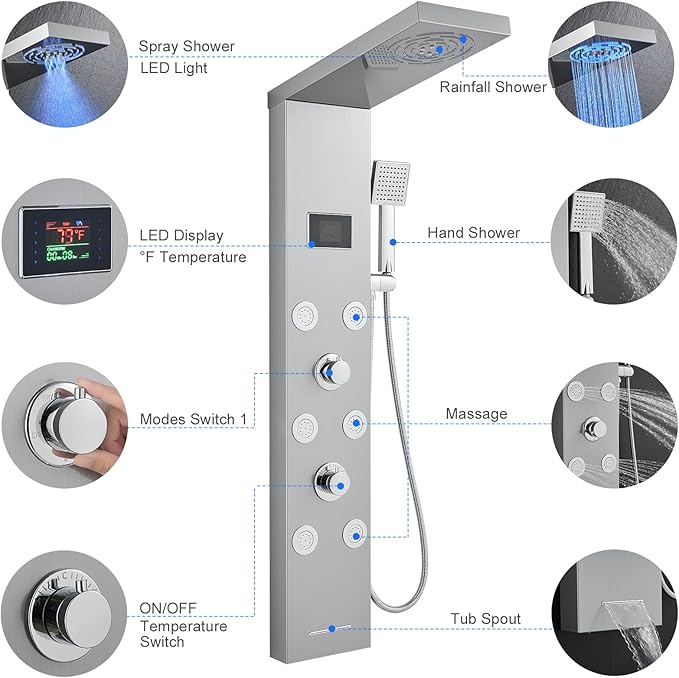 TSIBOMU Stainless Steel Shower Panel Tower System with LED lights(No battery need), Hydroelectric LED Rainfall Shower Tower System with 6 Pcs Body Jets, Brushed Nickel