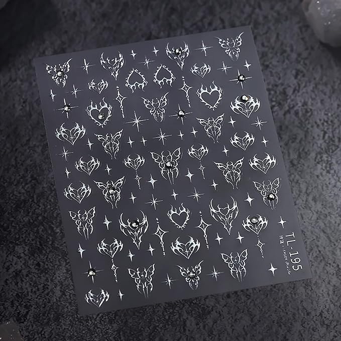 5D Embossed Heart Nail Art Stickers Self-Adhesive Silver Butterfly Nail Stickers for Nail Art Rhinestones Nail Decals Sliver Heart Nail Supplies Sliver Manicure Decorations for Women Girls