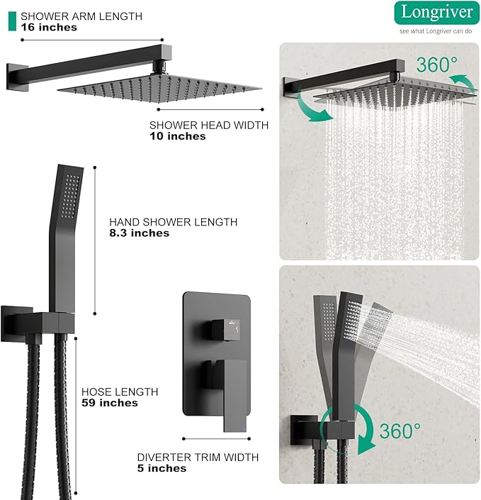Longriver Shower Faucet Set, Shower System Bathroom High Pressure 10 Inches Rainfall Shower Head with Handheld Spray, Wall Mounted Shower Fixtures with Shower Valve and Trim Kit, Matte Black