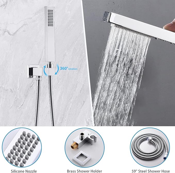 WHSHOWER Digital Display Shower Faucet Set With 14x20 Inch LED Rainfall Shower Head,Brass Handheld Sprayer And 6pcs Body Jets,Full Body Shower System (Chrome)