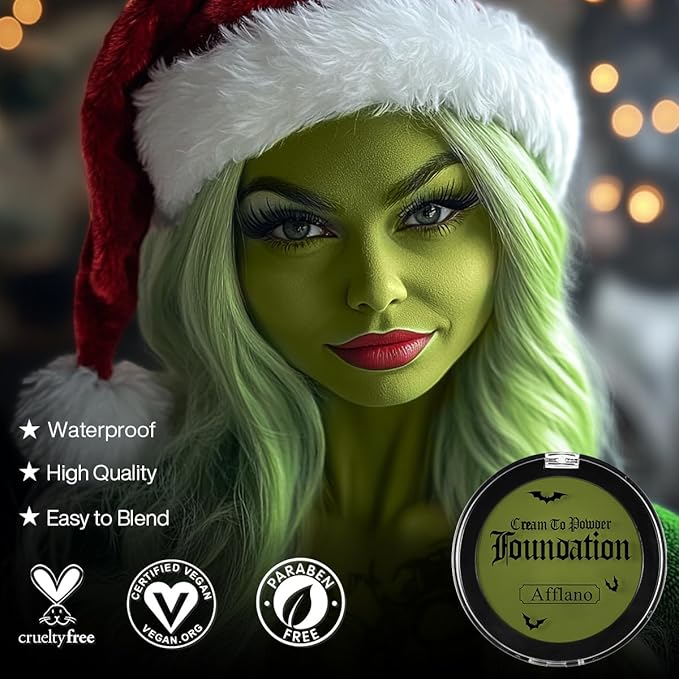 Green Face Paint Foundation Witch Wicked Makeup, Waterproof High Pigment Face Paint Concealer, Smooth Texture Greasepaint, Matte Goth Face Paint for Witch Costume Makeup Halloween St. Patrick's Day