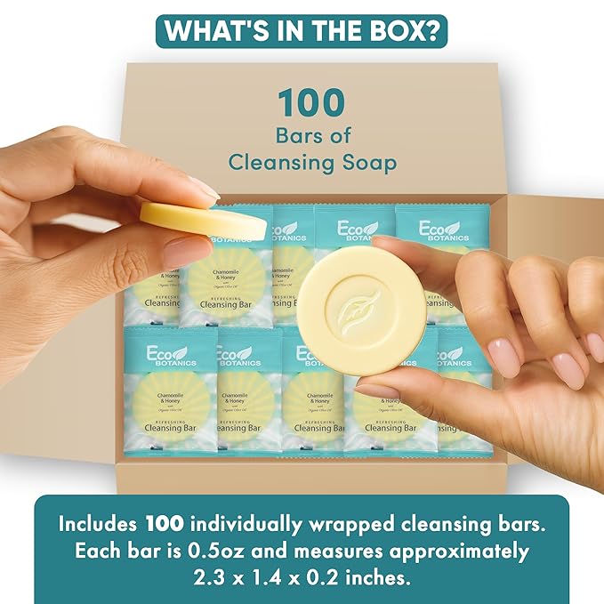 Eco Botanics Travel-Size Cleansing Bars | Individually Wrapped Single‑Use Hospitality & Hotel Amenities 0.5 oz | Case of 100 Thin Mini Soap Bars