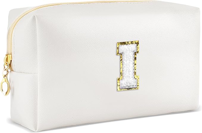 URSKYTOUS Gifts for Girls Initial Makeup Bag Personalized Cosmetic Bag with Zipper Cute Travel Toiletry Bags Waterproof PU Preppy Makeup Pouch Birthday Gift for Teen Girls Women(White I)