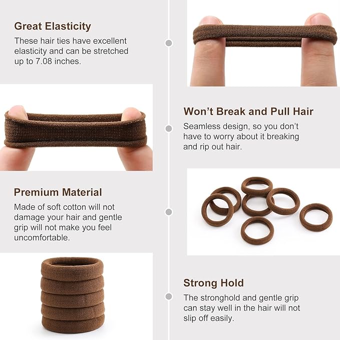 100 Pcs Thick Seamless Hair Ties, Ponytail Holders Hair Accessories No Damage for Thick Hair Valentine's Day Gift(Dark Brown Colors)