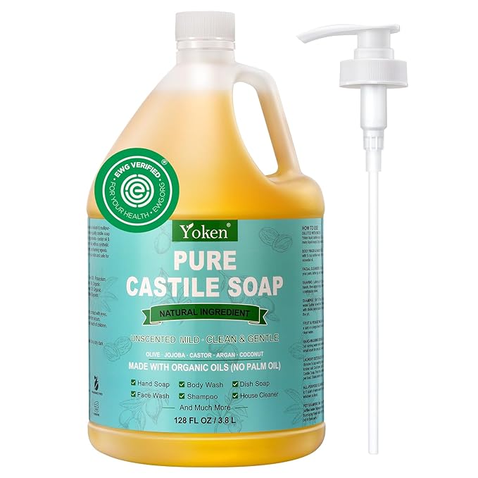 Yoken Castile Soap Liquid EWG Verified(1 Gallon, Unscented) Pure-Castile Liquid Soap for Body, Face, Hand, Pets, Laundry, Dish Soap and More - Made With Organic Oil, Vegan, Clean & Gentle, Versatile