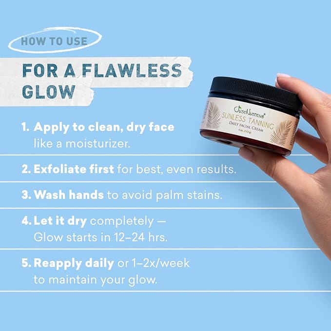 Sunless Tanning Daily Facial Cream | Self-Tanner | Sunless Tanning Lotion | Self-Tanning Lotion | Sunkiss Glow | Just Nutritive | 4 Oz
